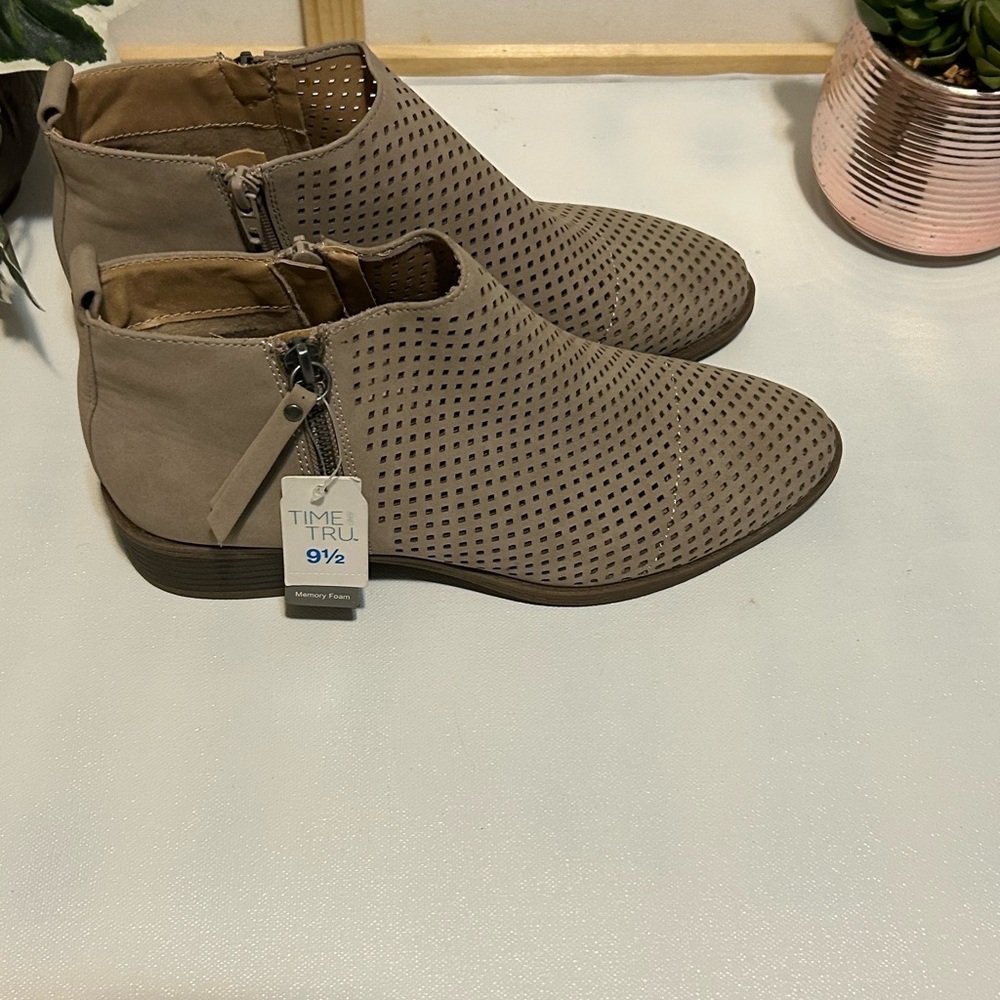 Time and Tru Taupe Perforated Ankle Boots